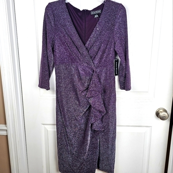 Jessica‎ Howard Purple 10 Shiny Formal NWT Faux Wrap Cinch Waist Lined Dress - Picture 1 of 12